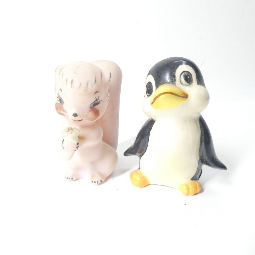 2 Norcrest Japan Salt Pepper Shakers Pink Skunk Squirrel + Penguin Vintage MCM